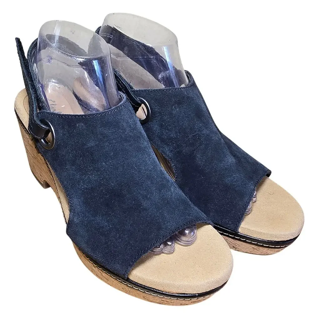 Clarks Women's Giselle Sea Nubuck Suede Wedge Sandals Cork Black 7.5 W Excellent